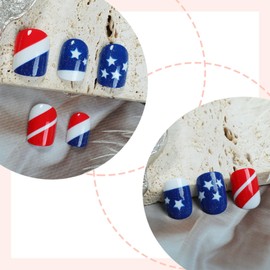 American Flag Fake Nails 4th of July Press on Nails 24Pcs Glossy Blue French Stick on Nail Short Square Acrylic Full Cover False Nail Fourth of July Gel Glue on Fingernails for Holiday Manicure Art