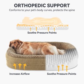 JOEJOY Orthopedic Dog Beds Large Sized Dog, Egg-Crate Memory Foam Pet Couch Bed with Bolster Sides, Waterproof Lining, Removable Washable Cover & Non-Slip Bottom, Light Brown