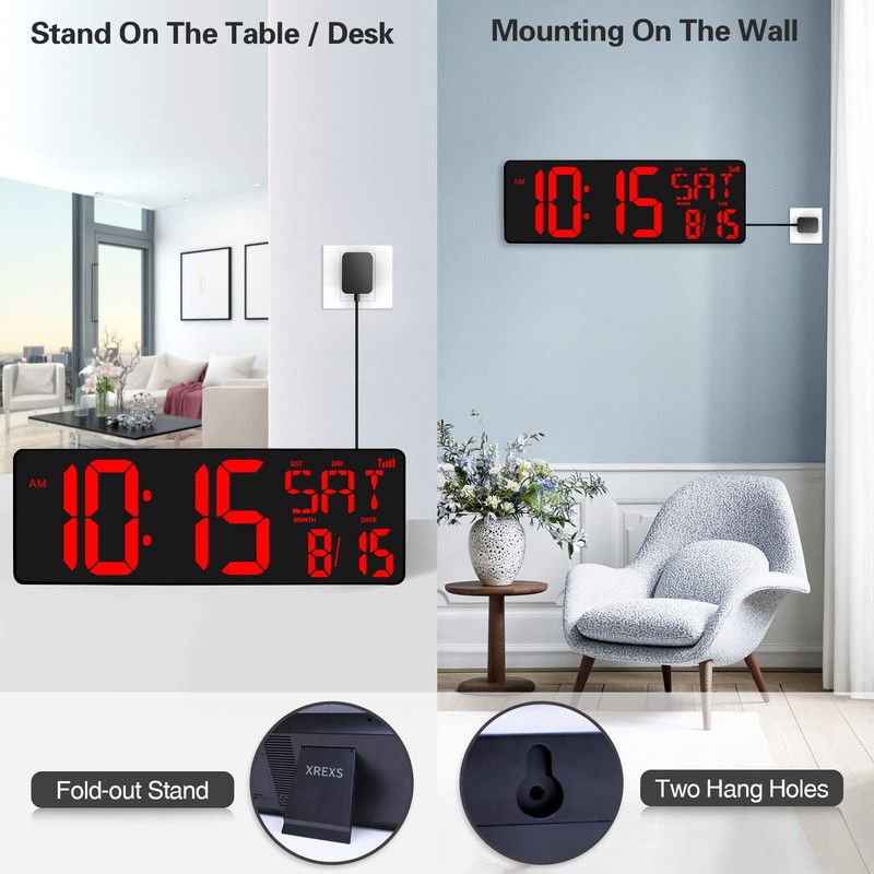 XREXS Large Digital Wall Clock WiFi Sync, 16.5 in Large