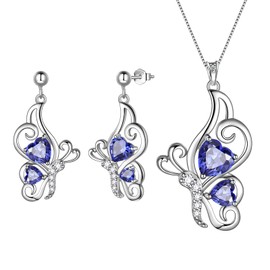 Blue Butterfly Heart Jewellery Sets Women 925 Sterling Silver Animal Butterflies December Created Tanzanite Birthstone Tanzanite Necklace/Earring Set Crystal Wedding Birthday Jewelry DS0099D