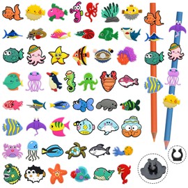 Ibuclein 50PCS Pencil Toppers Ocean Animals Pencil Charms Decoration Bulk Sea Animals Pen Charms PVC Pen Toppers DIY Cute Fish Pencils Clips Accessories for Classroom Students gifts Party Awards