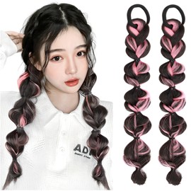 fogman Hair Extensions Braid Color Wig Twin, Cute Hair, Set of 2 (Pink)