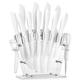 Knife Set, D.Perlla 16 Pieces White Kitchen Knife Set with Acrylic Stand, High Carbon Stainless Steel, Non Stick Coated Knife Block Set, No Rust, Non Slip Handle, Sharp Knife