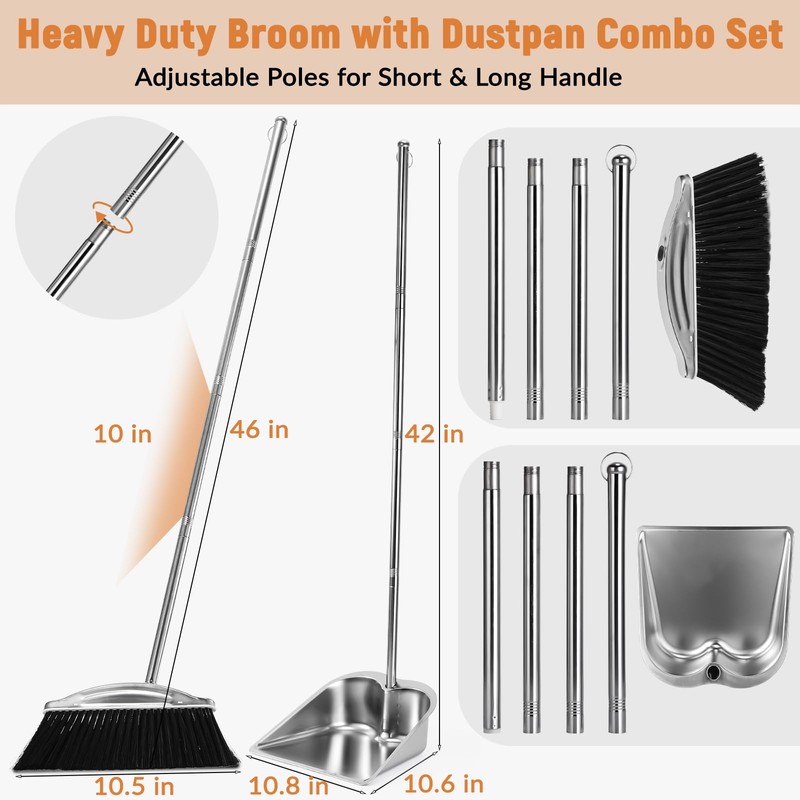 VOOWO Broom with Dustpan Combo Set, 46" Stainless Steel Broom