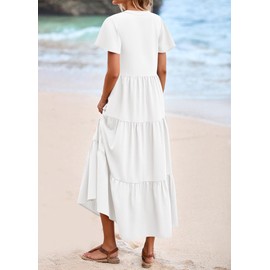 KIRUNDO Summer Maxi Dresses for Women 2025 Spring Fashion Short Sleeve Button V Neck Pleated Loose Tiered Swing Flowy Dress(White, Large)