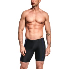 Aquarti Jammer Men's Long Swimming Trunks with Contrast Piping, black/blue
