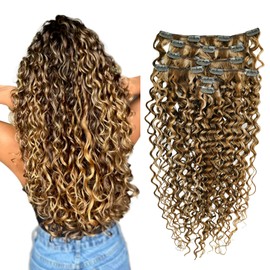 Hyssiet Curly Clip in Hair Extensions Real Human Hair 120g Dark Brown Highlighted Honey Blonde Wavy Human Hair Clip in Extensions 22 Inch 7pcs with 16 Clip Thick Full End Natural Curly Hair