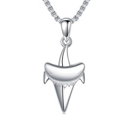 OHAYOO Shark Tooth Pendant Necklace 925 Sterling Silver Shark Charm Necklace Beach Surfer Jewelry Gift for Men Women