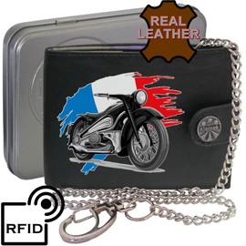 Biker Classic Vintage Motorbike Motorcycle France Flag Mens Chain Wallet Gift Box KLASSEK Brand Real Black Leather RFID Blocking with Coin Pocket
