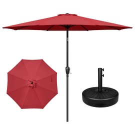 YSSOA 9' Patio Umbrella 20" Capacity Fillable Heavy Duty Round Base 8 Sturdy Ribs, for Outdoor Lawn, Deck, Poolside, 9ft+50lbs, Red and Black