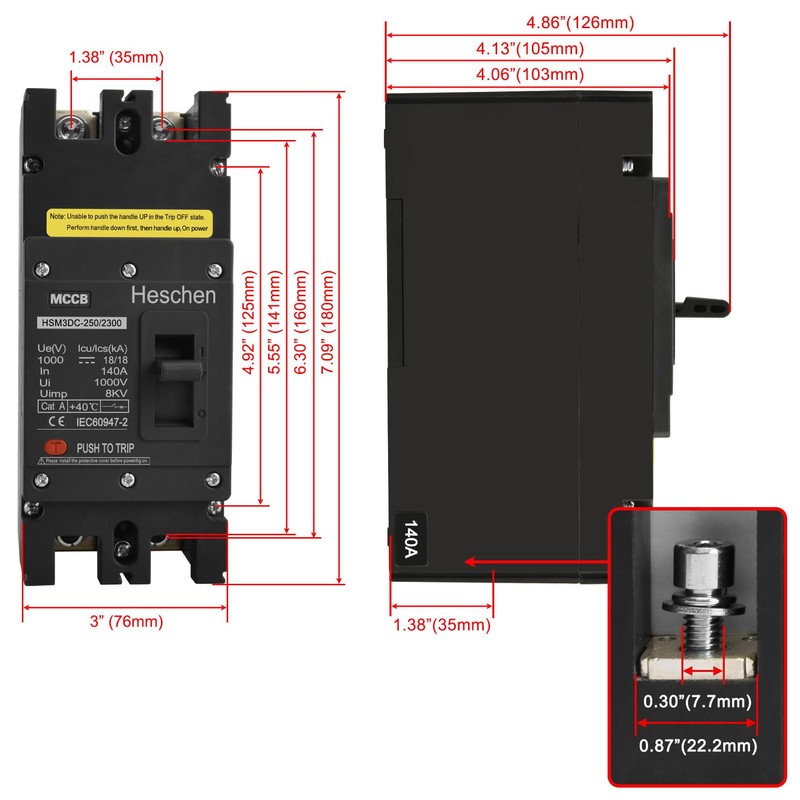 Heschen DC Molded Case Circuit Breaker MCCB, 2 Poles, DC1000V