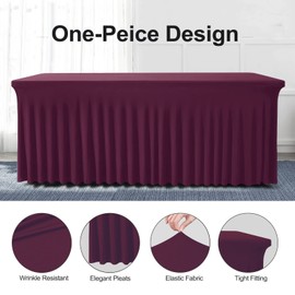 BDDC Table Skirts for Rectangle Tables 6ft - One-Piece Burgundy Table Covers for 6 Foot Tables, Wrinkle Resistant Ruffles Elastic Table Cover and Table Skirt for Banquets, Parties