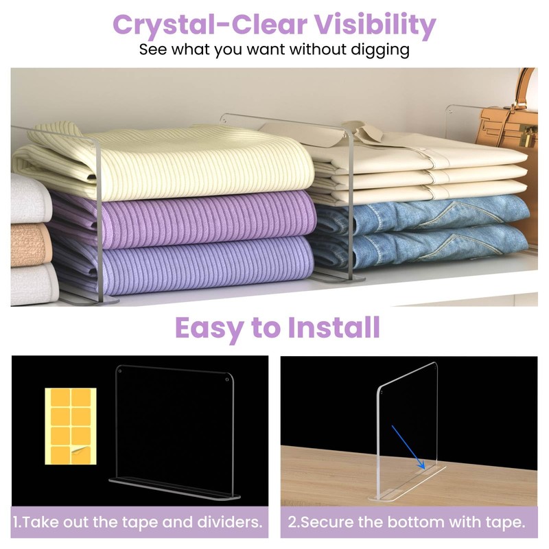 Hotbird Acrylic Shelf Dividers for Closets - 4 Pack Clear