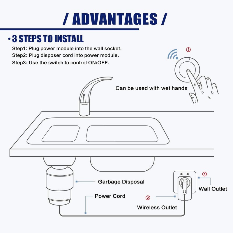 Garbage Disposal Wireless Switch Kit, Self-Powered Portable Remote Control Outlet
