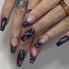Rchovsam Black French Press on Nails Medium Coffin False Nails Red Rose Design Fake Nails Stick on Nails for Womens 24pcs