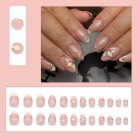 SXVME Gel Press on Nail Short Oval, White French Tip False Nails with Floral Design, Gold Lines Full Cover Nude Pink Fake Nails Press ons, Glitter Almond Stick on Nails for Women Summer 24 Pcs
