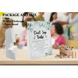 Greenery Don't Say Baby Game (1 Sign and 50 Mini Natural Clothespins) - Baby Shower Decorations, Games Gender Neutral, Green Leaves (DS26)
