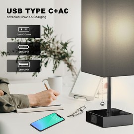 YIDPU Table Lamp for Bedroom with USB,Bedside Lamp with USB C+A Charging Ports,Adjustable 3color LED Light for Home Decor/Nightstand/Office,Included Bulb and Fabric Lamp Shade (Linen Black, 1PCS)