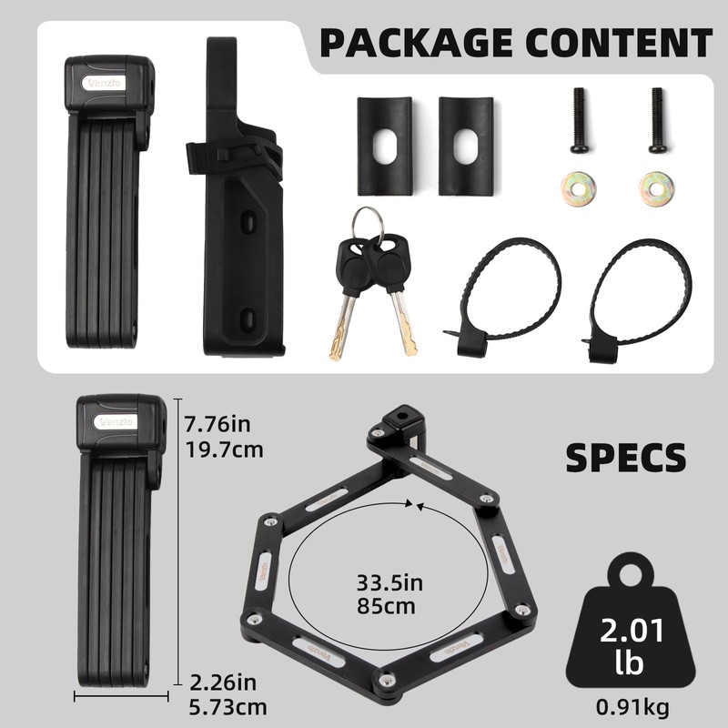 Folding Bike Lock, 7mm Heavy Duty Anti-Theft Key Lock, 85cm/33.5in