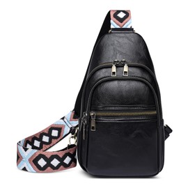 FOLOVEYA Chest Bag for Women Waterproof Crossbody Bag Sling Bag with Adjustable Wide Strap for Outdoors Workout Traveling Running Hiking PU Leather Black