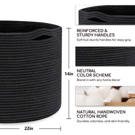 MEGASKET Large Black Blanket Basket, 22" X 22" X 14" Woven Rope Baskets for Storage, Kids Dog Toy Storage Baskets Organizer Bins, Blanket Storage for Living Room, Black Wicker Baskets for Organizing