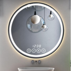 Wall-Mounted Round Bathroom Mirror with LED-Lights - 28 Inch Frame Vanity Mirrors with Dimmable (28" x 28", Gold)