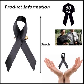 50 PCS Black Ribbon with Safty Pins for Black Ribbon Day Funeral Black Satin Awareness Ribbons for Memorial Service Charitable Activities