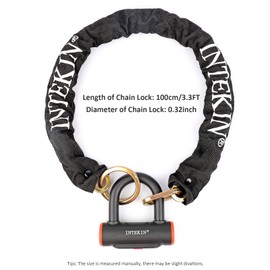 INTEKIN Motorcycle Chain Lock 3.3FT/100cm Bicycle Locks 8mm/10mm Thick Bike Lock Anti Theft Heavy Duty Security Chain with 16mm U-Lock for Motorcycles, Gates, and More