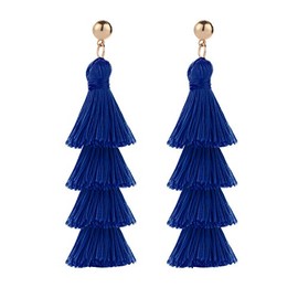 BaubleStar Fashion Gold Tassel Dangle Earrings Layered Long Bonita Tiered Thread Tassel Royal Blue Drop Statement Jewelry for Women
