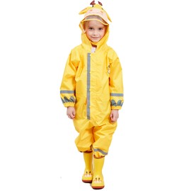 JinBei Raincoat Girls Puddle Suit Kids Hooded Lightweight Yellow Elk Reindeer Poncho Rainwear Muddy Portable All in One Waterproof Rainsuit Breathable PVC Transparent Hat Brim Zipper 5-7 Years
