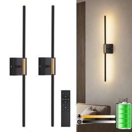 LED Wireless Wall Sconces Set of Two Dimmable Battery Powered Wall Sconce with Remote Control 360°Rotate Black Gold Cordless USB Rechargeable Wall Light for Living Room Bedroom Hallway 32 Inch 2 Pack