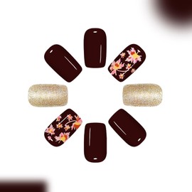 Thanksgiving Press on Nails Medium Square Fake Nails Maple Leaves Designs Brown Nails Press ons Glitter False Nails for Women 24Pcs