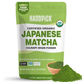 HANDPICK Té Verde Matcha Orgánico Japonés En Polvo (100 Porciones) - Auténtica Cosecha De Segunda Flecha Premium  Bolsa Ziplock Resellable
