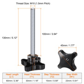 sourcing map 2pcs Star Knobs M10 x 100mm Male Thread Plastic 4-Star Stud Knob Hand Tightening Clamping Screw Replacement Threaded Handle, Black