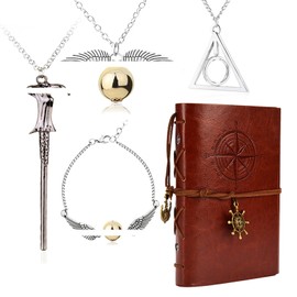 Zaky HP Magic Death Triangle Necklace Time Magic Necklace Bracelet Cosplay Fashion Jewelry Vintage Magic Leather Writing Journal Notebook with Cartoon Character Sticker 15 Pieces, Metal