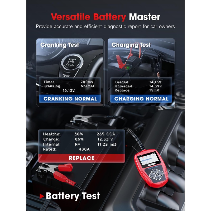 ANCEL BA101 Car Battery Tester, 12V Digital Automotive Alternator Meter