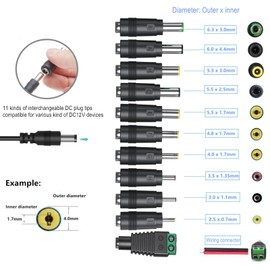 DC12V Power Supply 1A 12V AC Adapter with 11 Changeable DC Plug Tips AC100-240V to DC12V 1000mA 800mA 600mA 500mA 400mA 200mA 100mA Charger Replacement 6FT