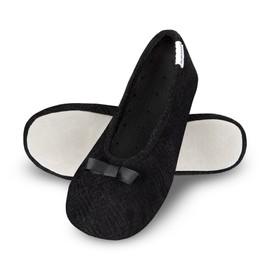 Isotoner Women's Microterry Gemma Ballerina Slippers-Suede Sole with Memory Foam Comfort, Machine Washable, Black Diamond, 6.5-7. 5