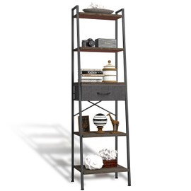 Whitmor 5-Tier Ladder Bookshelf with Drawer, Tall Narrow Bookcase with Wood Shelves & Metal Frame, Modern Display Storage Shelf for Living Room, Bedroom, Bathroom, Kitchen, Black