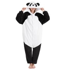 Xinlong Panda Jumpsuit Women's Animal Oversized Cuddly Pyjamas Men's Long with Hood Unisex Animal Costumes Sleepwear Winter Plush Jumpsuit, black