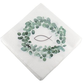 100% Mosel Servietten, 20 Stück (33 x 33 cm), Motiv Eukalyptus Kranz & Fisch, edle Tischdeko für Taufe, Kommunion, Konfirmation, Jugendweihe und Firmung