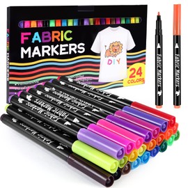 Semoss Textile Pens 24 Colours Machine Washable Fabric Pens Textile Marker Set for T-Shirts, Hats, Fabric Bags, Shoes, Textile Colouring Pens for Painting and Writing