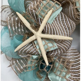 Chevron Beach Wreath With Starfish, Nautical Balls And Sand Dollars Handmade Deco Mesh