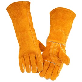 nutmanel Leather BBQ Gloves, Welding Gloves Heat Resistant Gloves, BBQ Gloves Fireplace Gloves Fire Heat Resistant with Kevlar Stitching, for Fireplace, BBQ, Stove, Oven, Grill, Gardening(40cm)