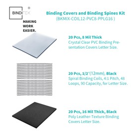 Binditek 60 Pack Binding Kits, Includes 20 8 Mil PVC Clear Covers, 20 1/2" Spiral Coils, 20 16 Mil Black Leather-Textured Polycovers, for Letter Size, Un-Punched