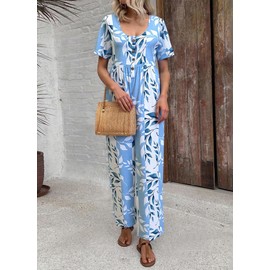 LOZ Women's Blue Leaf Print V-Neck Jumpsuits 2025 Summer Casual Half Sleeve Wide Leg Pants Rompers Beach Wear