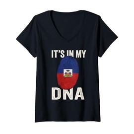 Womens It's My DNA - Haitian Pride Fingerprint Flag V-Neck T-Shirt