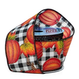 2 1/2" X 10 Yards Pumpkins On Gingham Wired Ribbon- Black/White - Roll 1 Thanksgiving