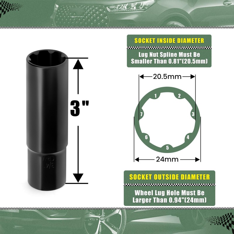 Glorider 7 Spline Lug Nuts Key Socket, 1/2 Inch Drive