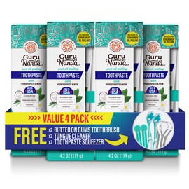 GuruNanda Hydroxyapatite Toothpaste, SLS & Fluoride Free (4 Pack), Whitening Toothpaste - Freshens Breath, Fights Plaque - with 2 Toothbrushes, 2 Tongue Scrapers & 2 Tube Squeezers